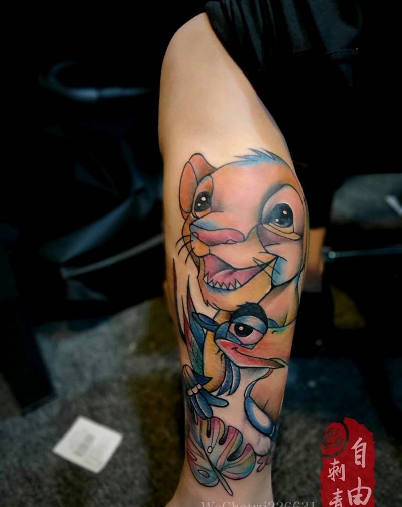 狮子纹身图片_腿部欧美写实重彩纹身图案