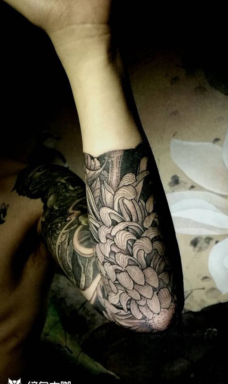 唐狮秋菊纹身图片