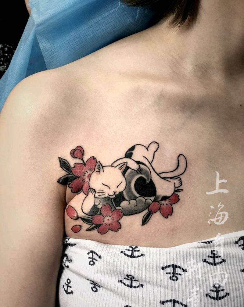 武士猫纹身图片_胸部老传统猫日式猫纹身图案