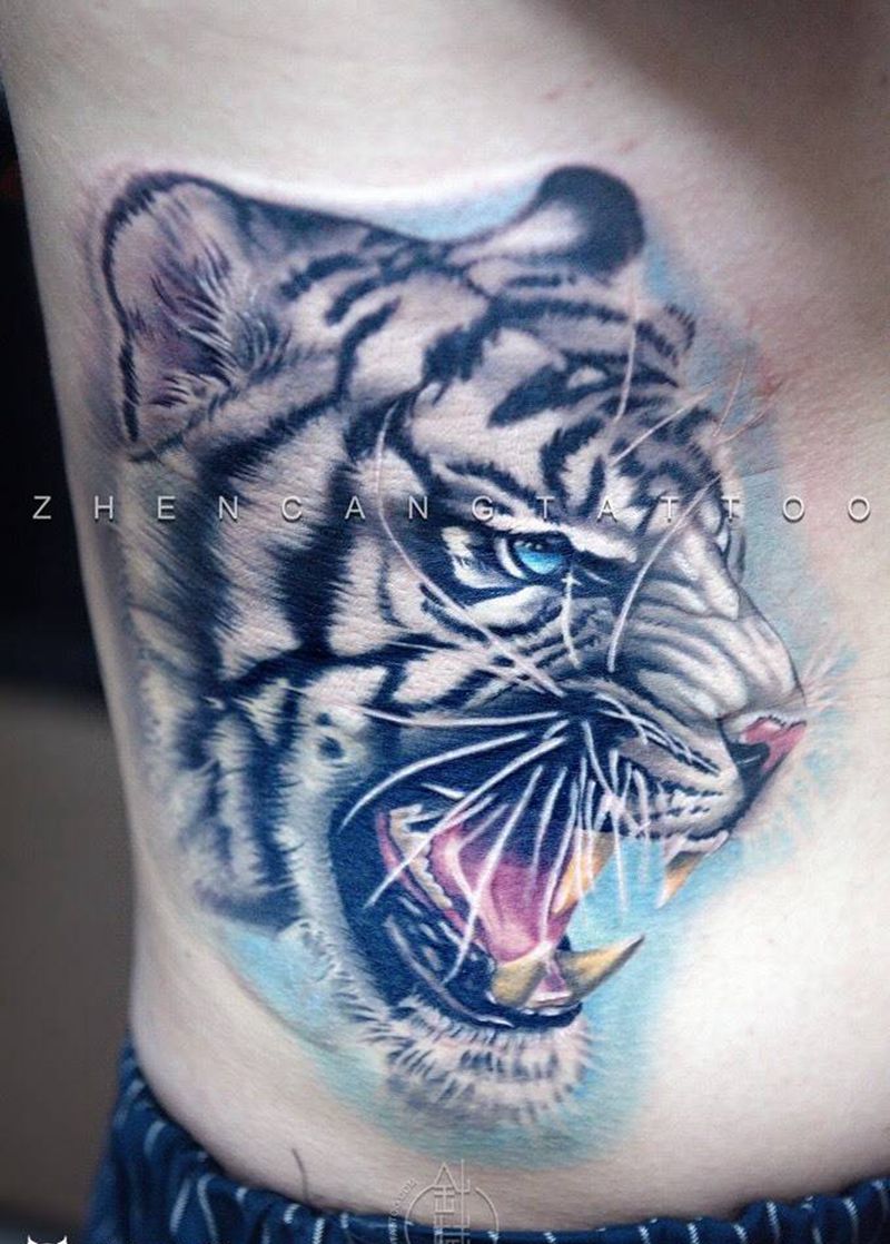 虎 | 针藏刺青邵钢纹身作品纹身图片_成品腰部写实动物针藏刺青邵钢纹身图案