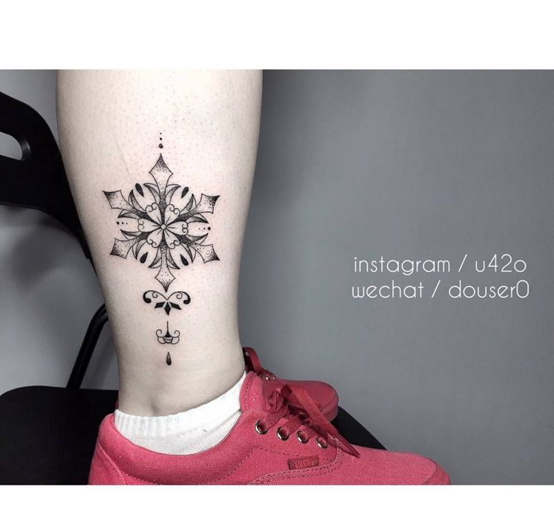 脚踝点线面纹身图片_成品脚部腿部清新几何点线面图腾纹身图案