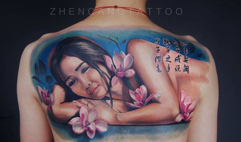 针藏刺青纹身作品纹身图片_成品背部欧美肖像写实人物纹身图案