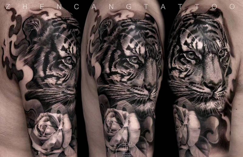 心有猛虎细嗅蔷薇邵钢老师纹身图片_手臂欧美写实针藏刺青邵钢老虎纹身图案