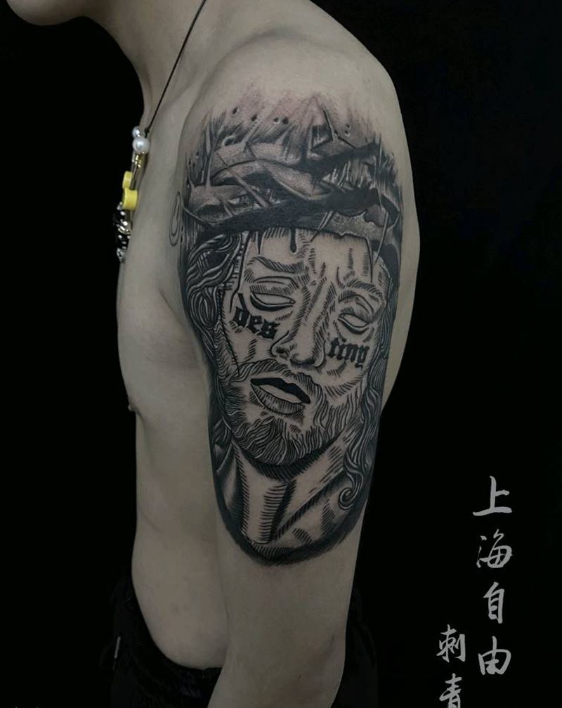 耶稣纹身图片_手臂欧美写实耶稣纹身图案