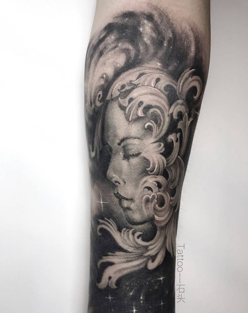 处女座纹身图片_成品手臂欧美肖像写实宗教原创纹身图案