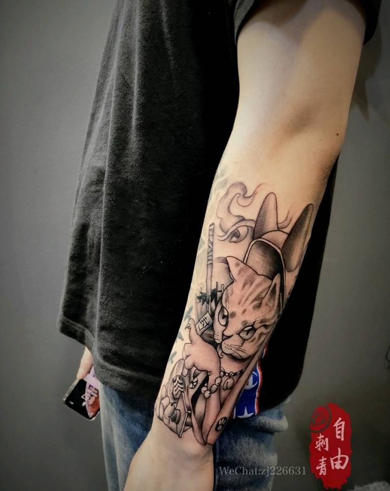日式纹身图片_手臂新传统日式猫纹身图案