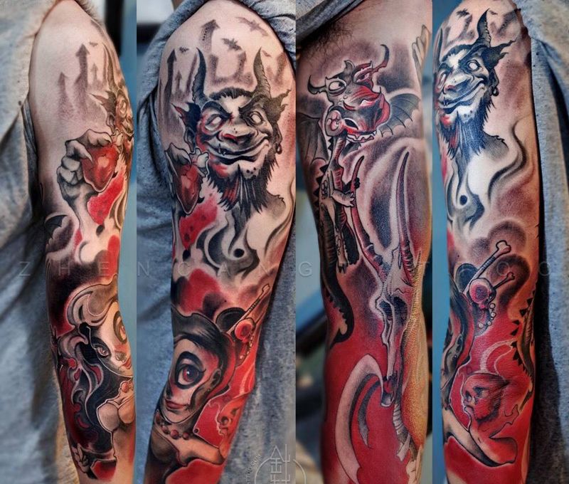 奇卡诺全臂纹身图片_成品手臂欧美原创针藏刺青纹身图案