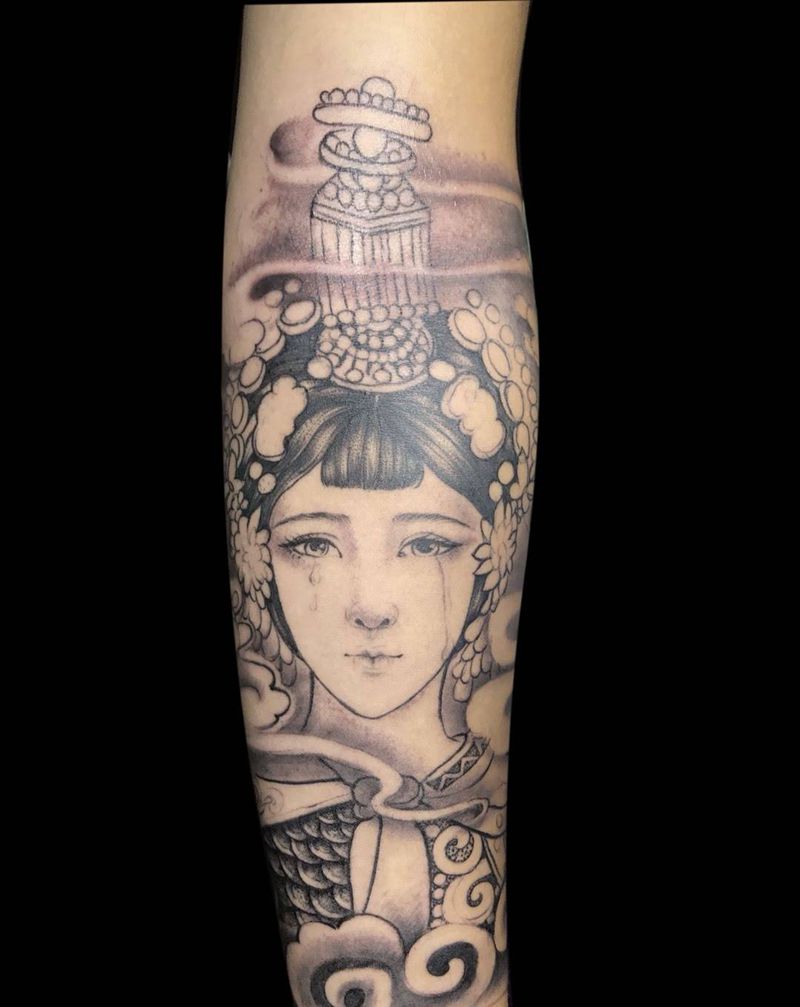 《霸王别姬-虞兮虞兮奈若何》纹身图片_成品花旦美人图中国风明月艺伎改图原创手臂传统艺伎纹身图案