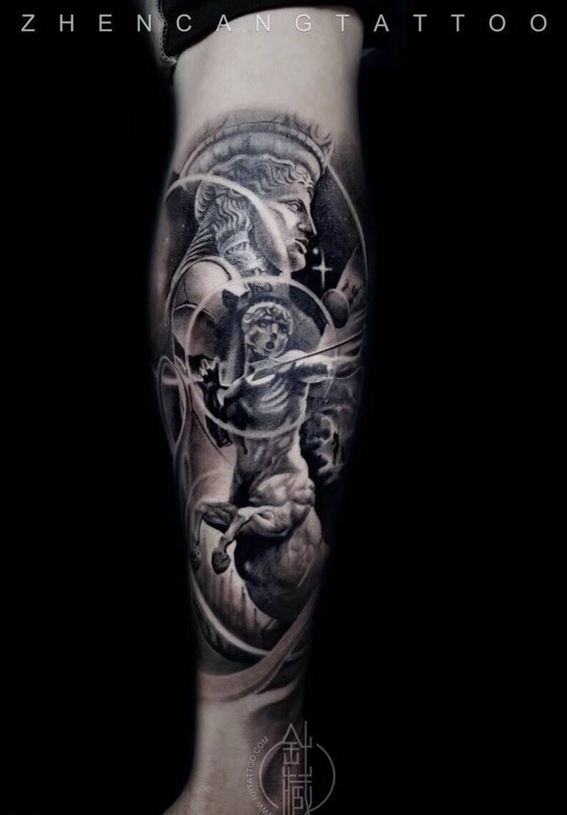 你的守护星 · 射手 | 针藏刺青 ·邵师傅· 作品纹身图片_成品腿部欧美写实人物鬼神宗教针藏刺青邵钢纹身图案