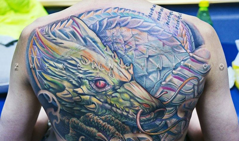 【他是龙】旧图遮盖 | 针藏刺青邵钢纹身作品纹身图片_成品背部写实鬼神动物原创针藏刺青邵钢纹身图案