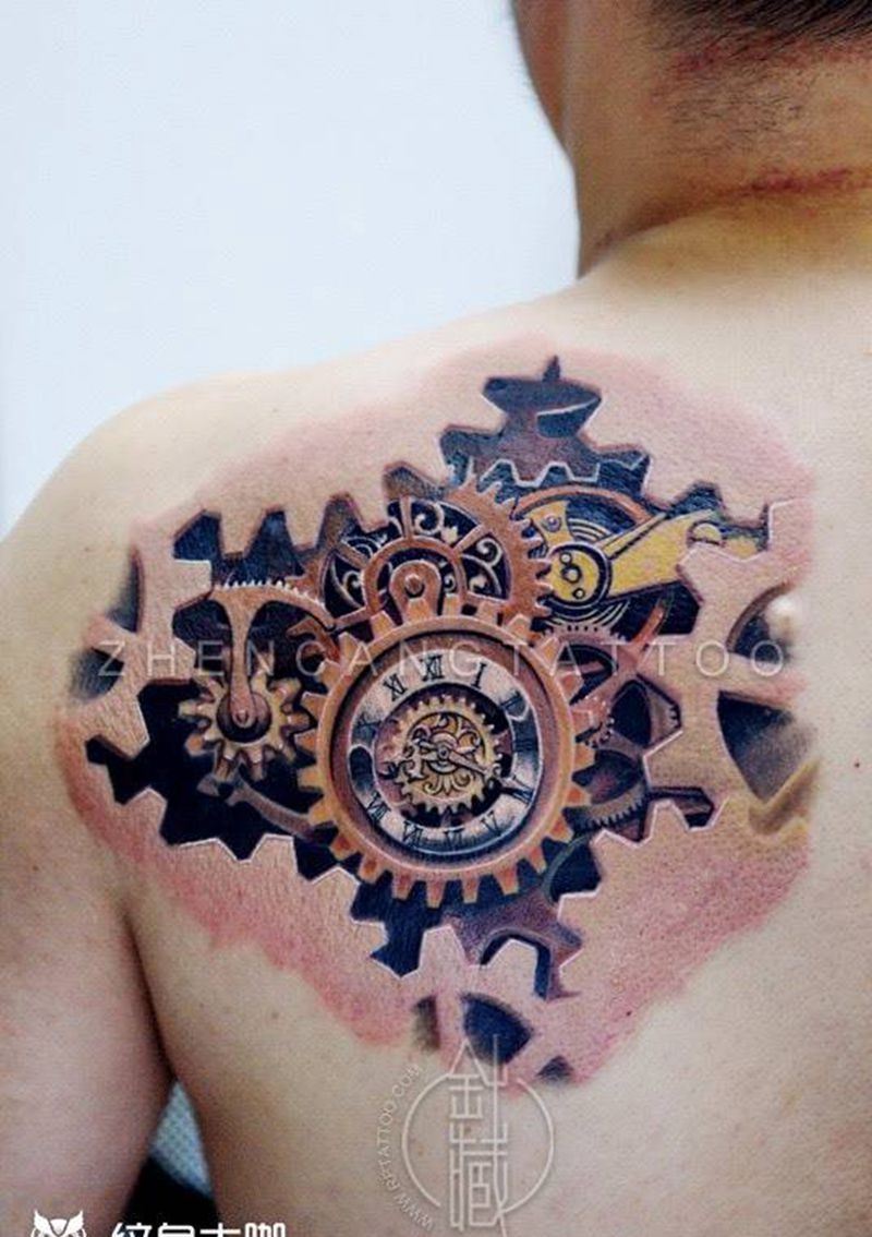 针藏刺青纹身作品纹身图片_成品欧美写实背部机械纹身图案