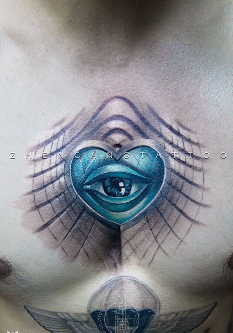 I see u | 针藏刺青邵钢纹身作品纹身图片_成品胸部写实原创针藏刺青邵钢纹身图案