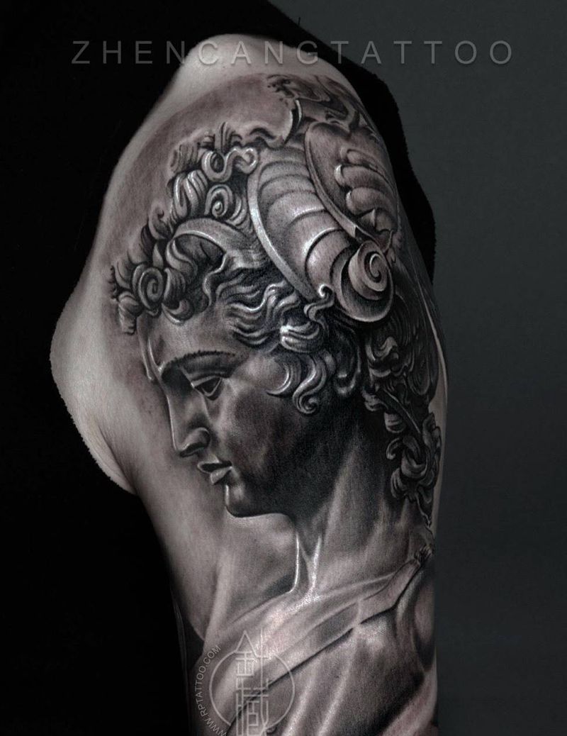 针藏刺青纹身作品纹身图片_成品手臂欧美肖像人物珀尔修斯纹身图案