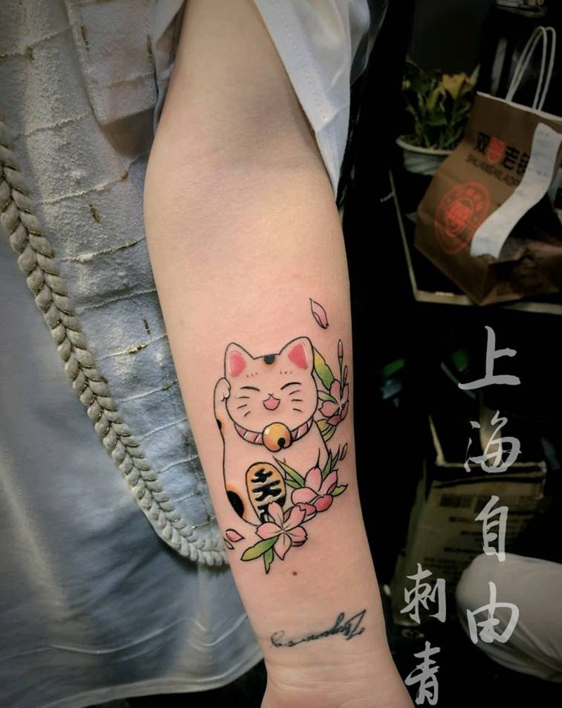 招财猫纹身图片_手臂老传统招财猫猫纹身图案