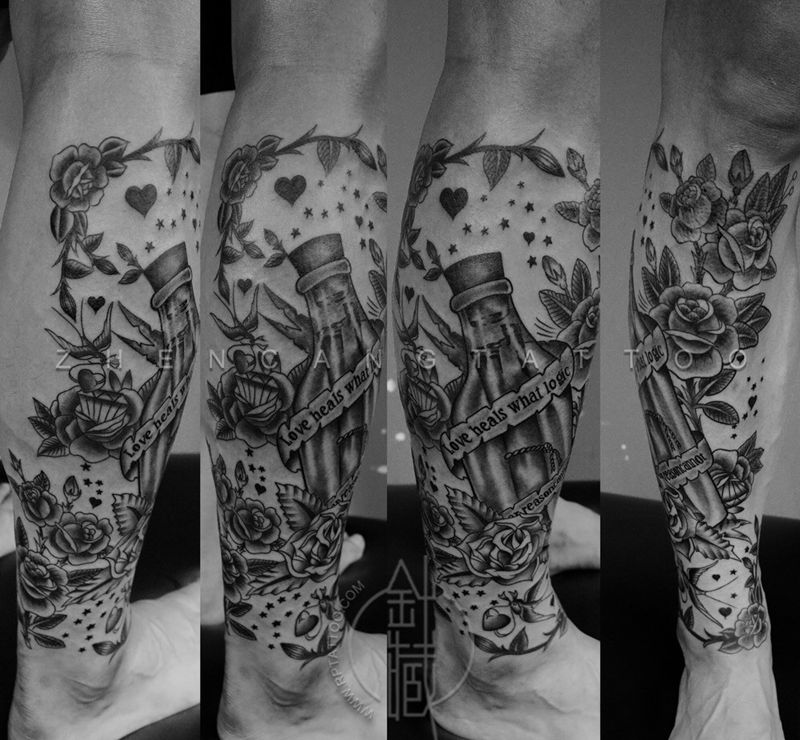 漂流瓶纹身图片_成品腿部欧美原创针藏刺青纹身图案