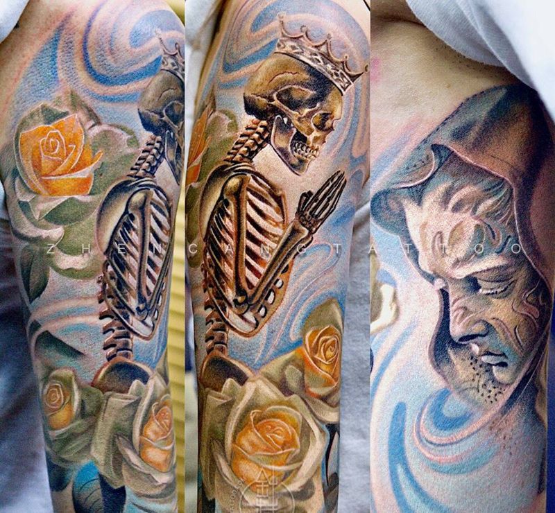 The king | 针藏刺青邵钢纹身作品纹身图片_成品手臂写实原创针藏刺青邵钢骷髅纹身图案