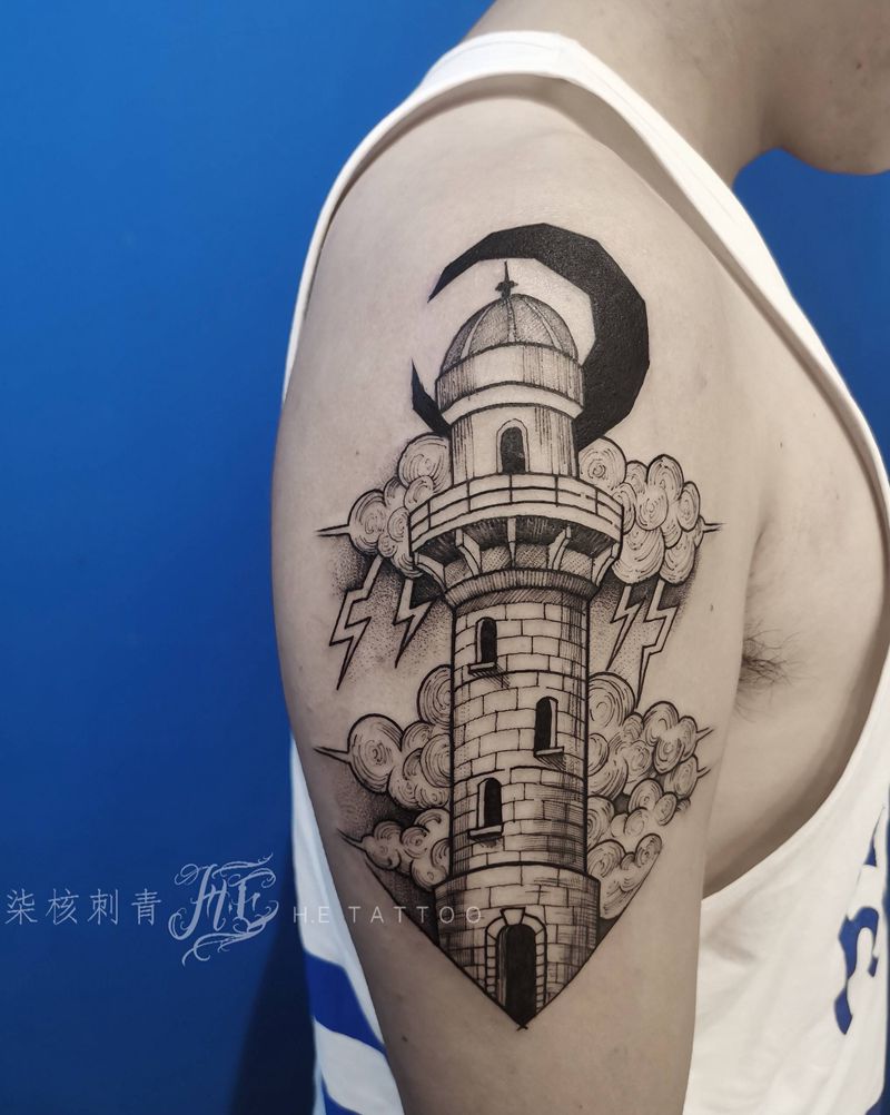 古典素描 灯塔纹身图片_手臂肩部点刺几何灯塔纹身图案