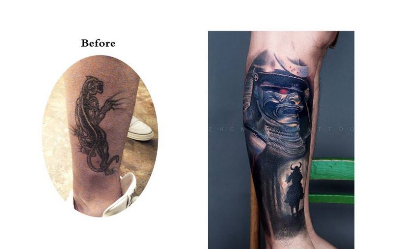 遮盖纹身图片_成品腿部写实原创针藏刺青邵钢纹身图案