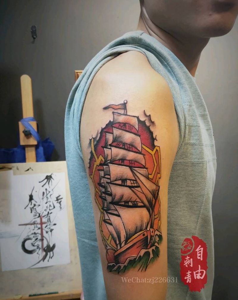 帆船纹身图片_手臂Old School帆船纹身图案