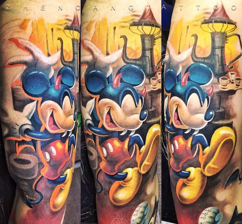 小恶魔 Mickey【全臂未完待续】| 针藏刺青 ·邵钢· 出品纹身图片_成品手臂写实原创针藏刺青邵钢纹身图案
