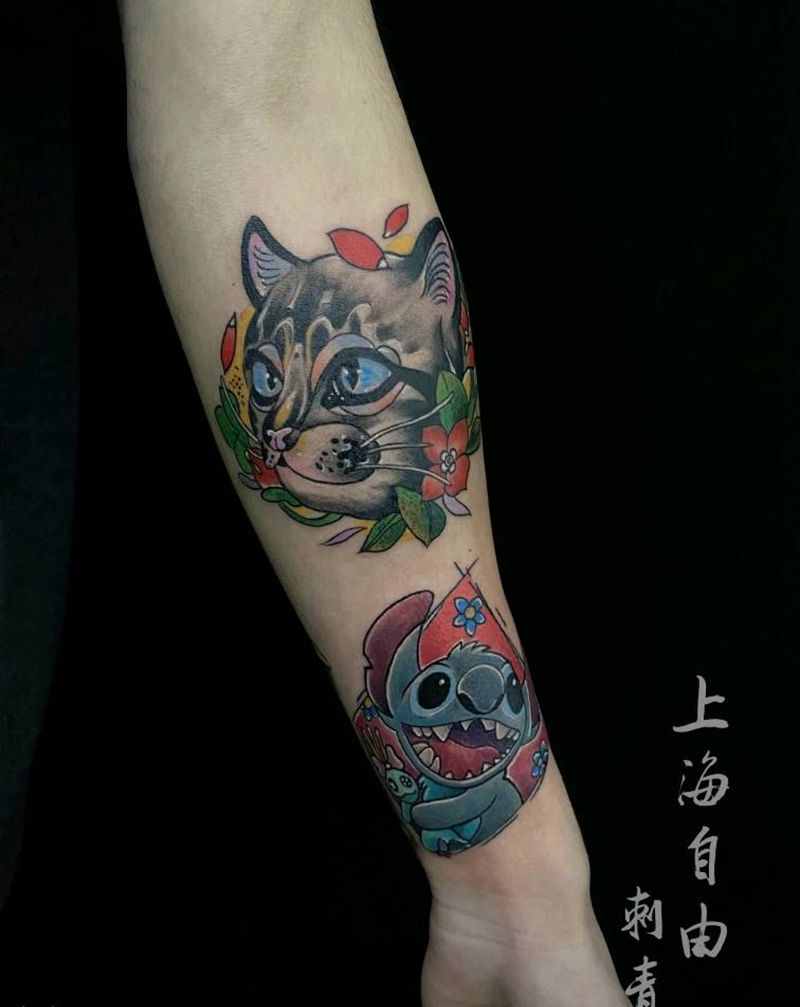 猫，史迪仔纹身图片_手臂欧美写实猫史迪仔纹身图案