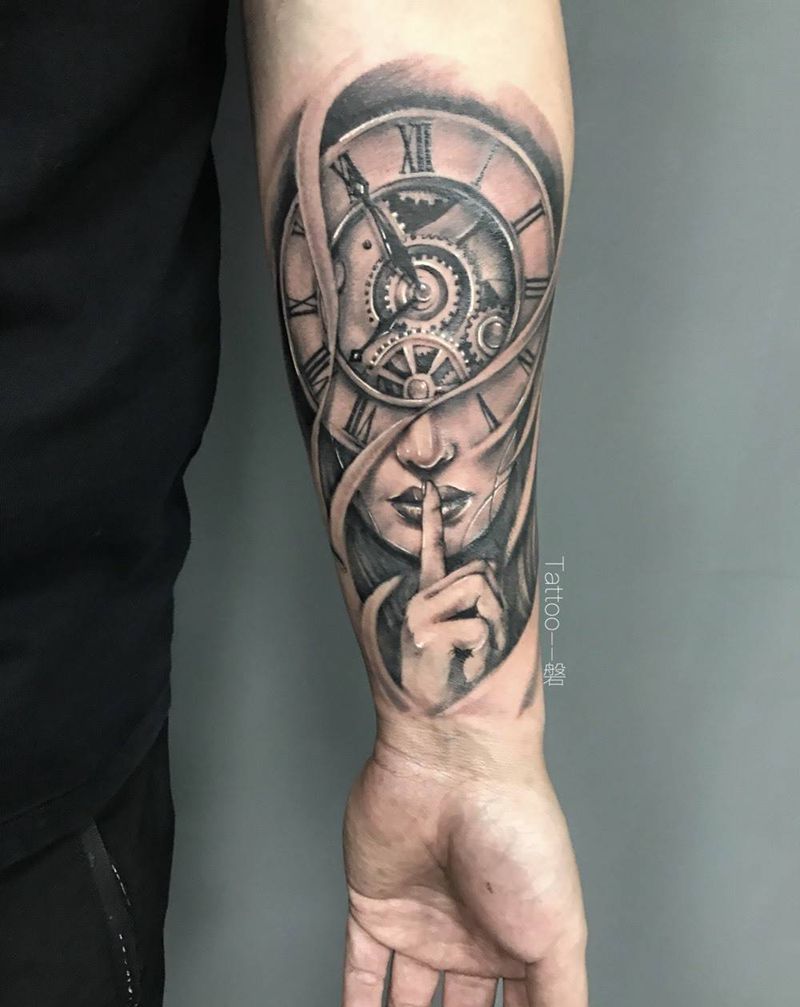 对的时间遇上对的人纹身图片_成品手臂欧美肖像写实纹身图案