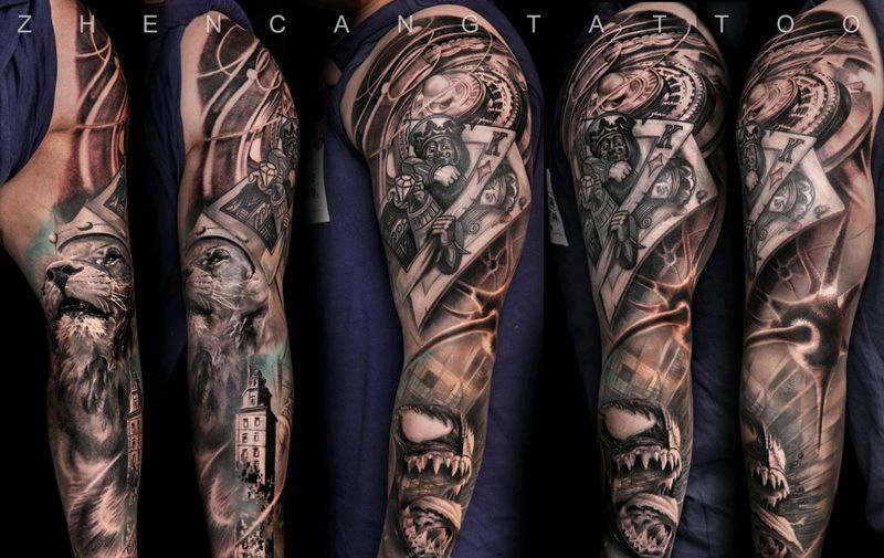 入侵·针藏邵钢 扑克非本店作品纹身图片_手臂欧美写实针藏刺青邵钢纹身图案