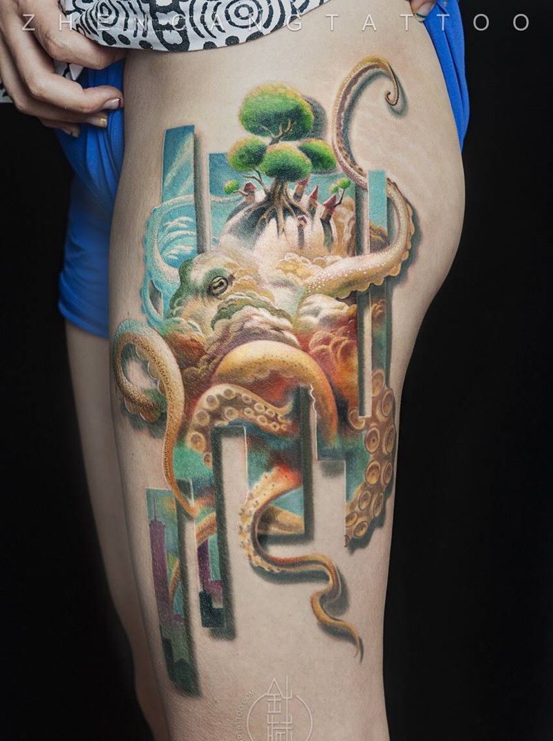 云朵里的新世界 | 针藏刺青 ·邵钢· 作品纹身图片_成品腿部清新写实动物原创邵钢针藏刺青纹身图案