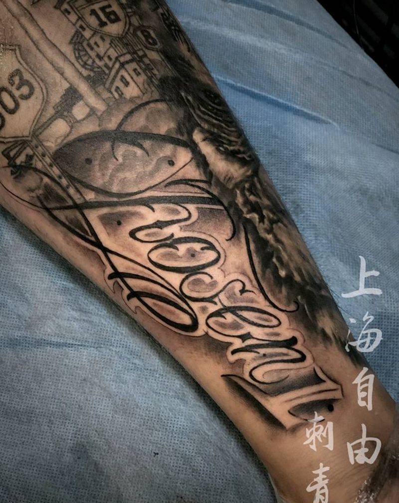 花体字纹身图片_腿部花体字花体字纹身图案