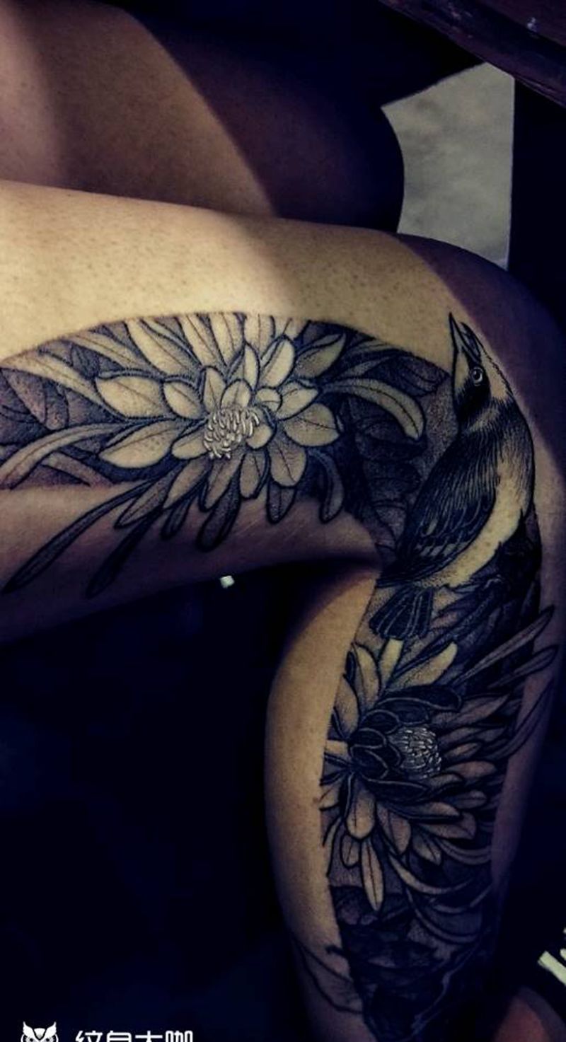 昙花·黄鹂纹身图片_腿部传统清新国画动物植物原创汉刺青中国风成品纹身图案