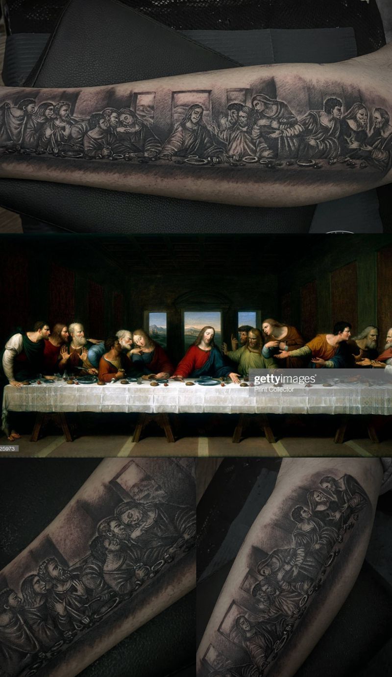 最后的晚餐纹身图片_腿部欧美写实纹身图案