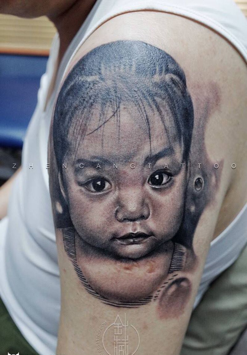 父爱纹身图片_成品手臂写实人物针藏刺青邵钢纹身图案