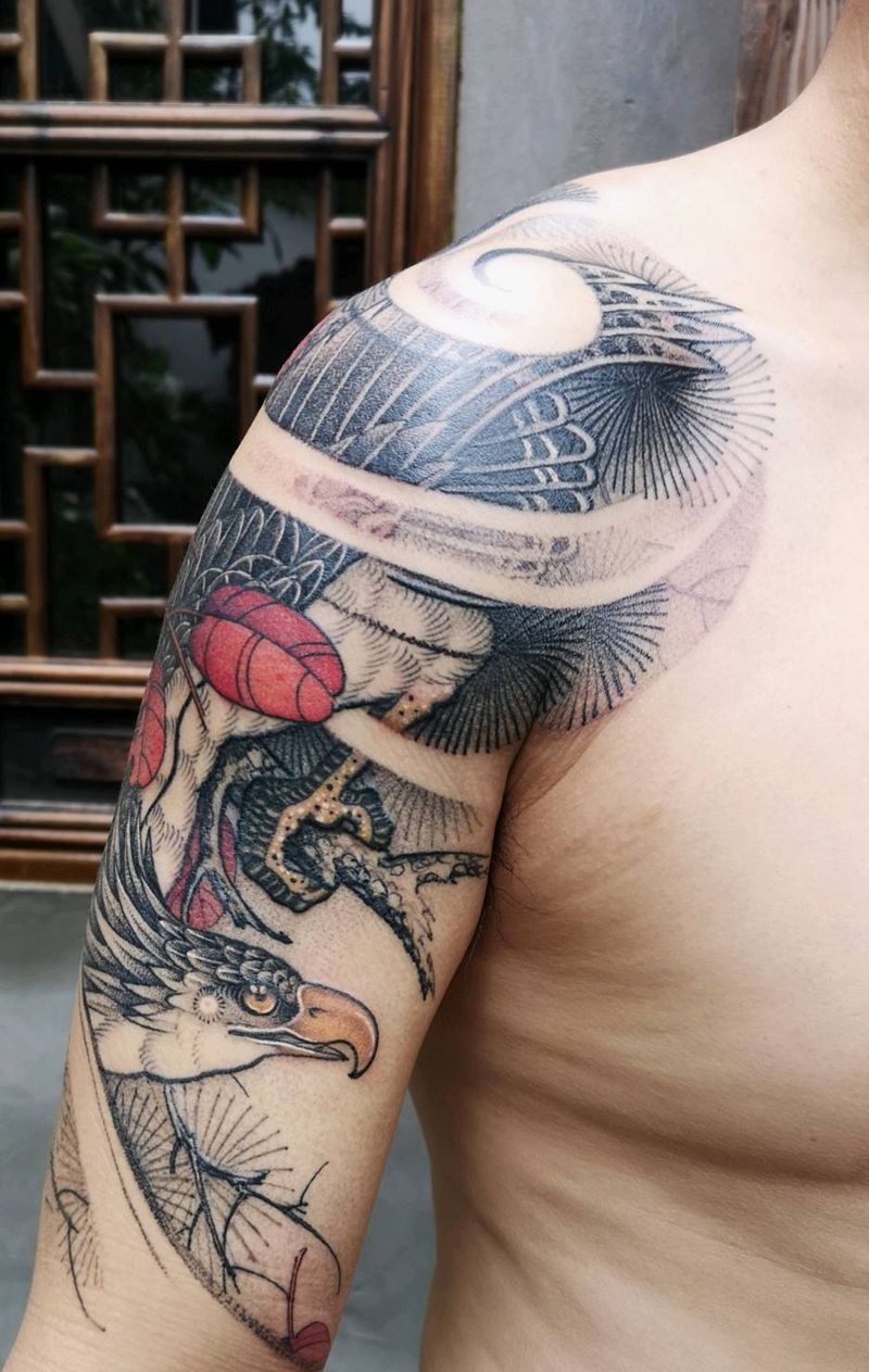 《凝》纹身图片_手臂汉刺青中国风鹰纹身图案