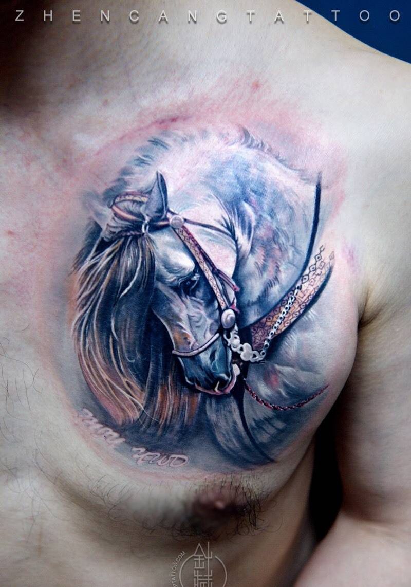 岁月 · 奔驰纹身图片_成品胸部写实国画针藏刺青邵钢纹身图案