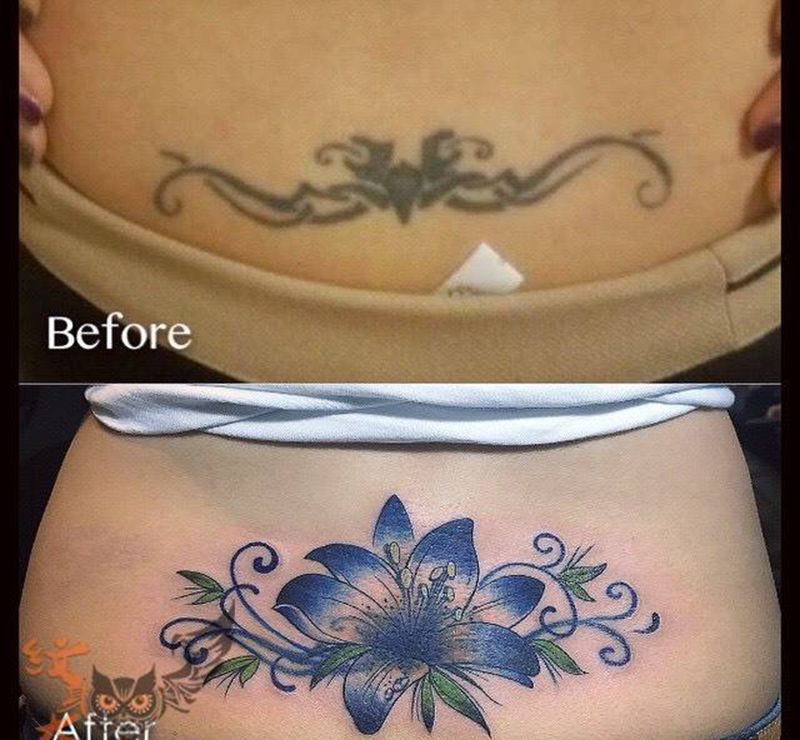 腰花遮盖纹身图片_成品腰部欧美清新动物图腾纹身图案