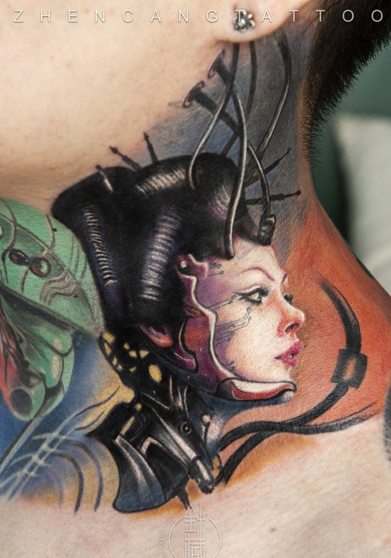 机械姬 | 针藏刺青 ·邵钢· 作品纹身图片_成品颈部欧美针藏刺青邵钢人物纹身图案