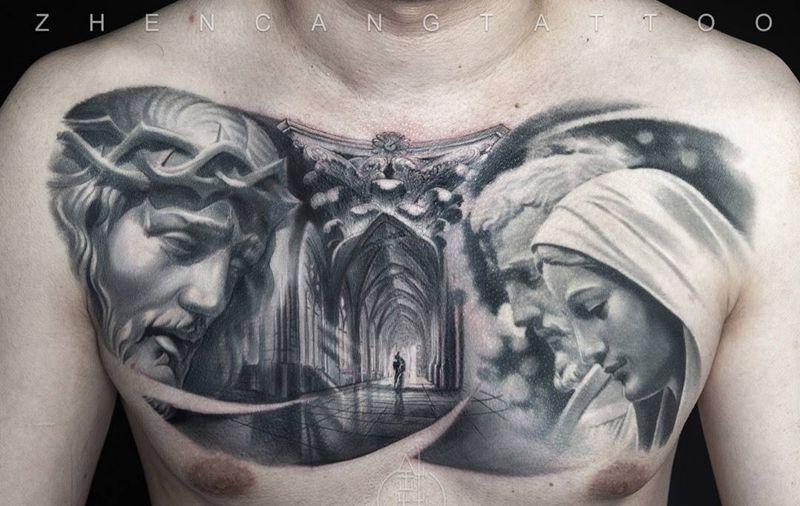 信仰 · 神的殿堂 | 针藏刺青 ·邵钢· 作品纹身图片_成品胸部欧美写实针藏刺青邵钢宗教纹身图案