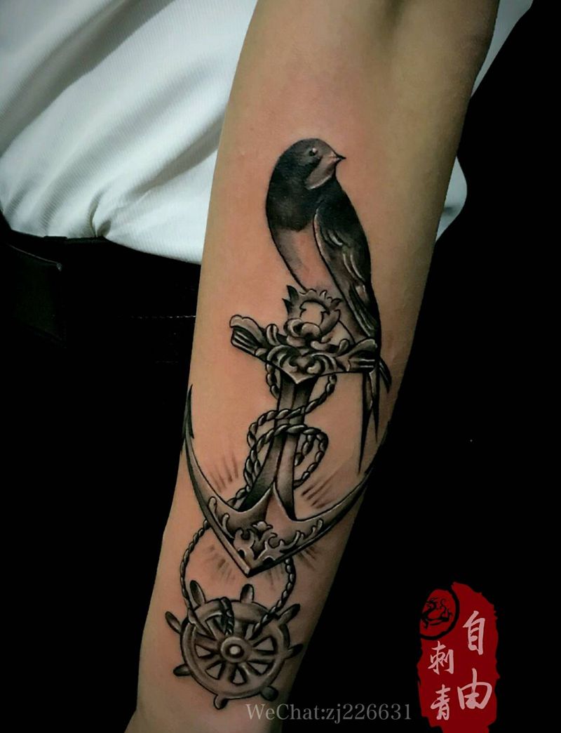 寂纹身图片_手臂New School船，鸟纹身图案