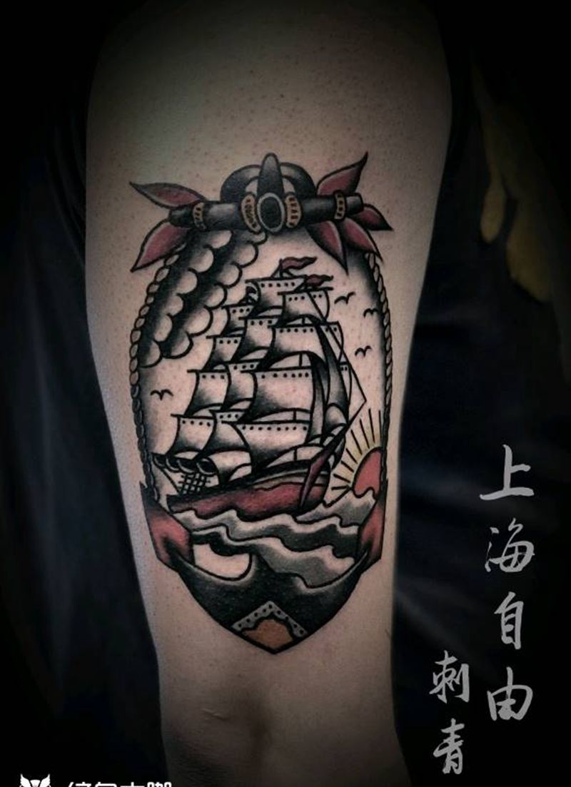 帆船纹身图片_手臂Old School帆船船锚纹身图案