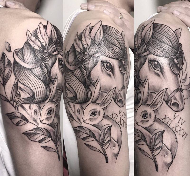 马与兔纹身图片_成品手臂欧美植物动物原创纹身图案