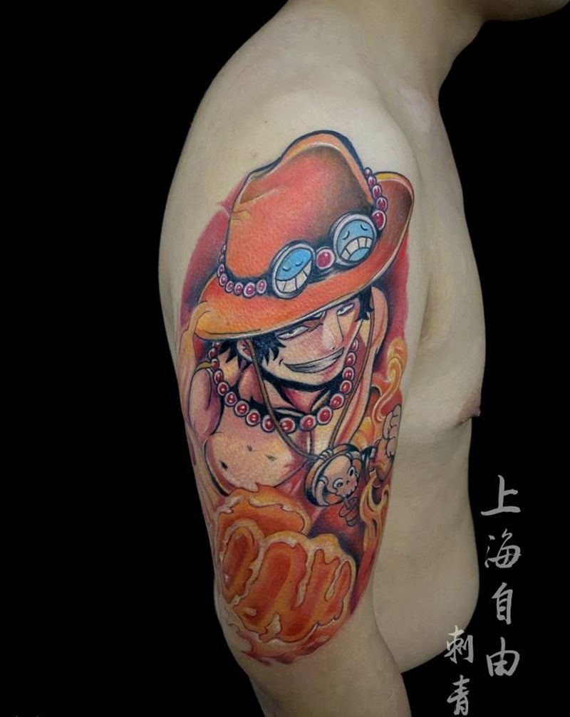 火神艾斯纹身图片_手臂欧美写实海贼王火神艾斯艾斯纹身图案