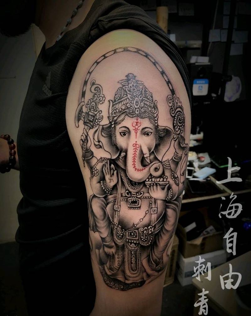 象神纹身图片_手臂新传统象神纹身图案