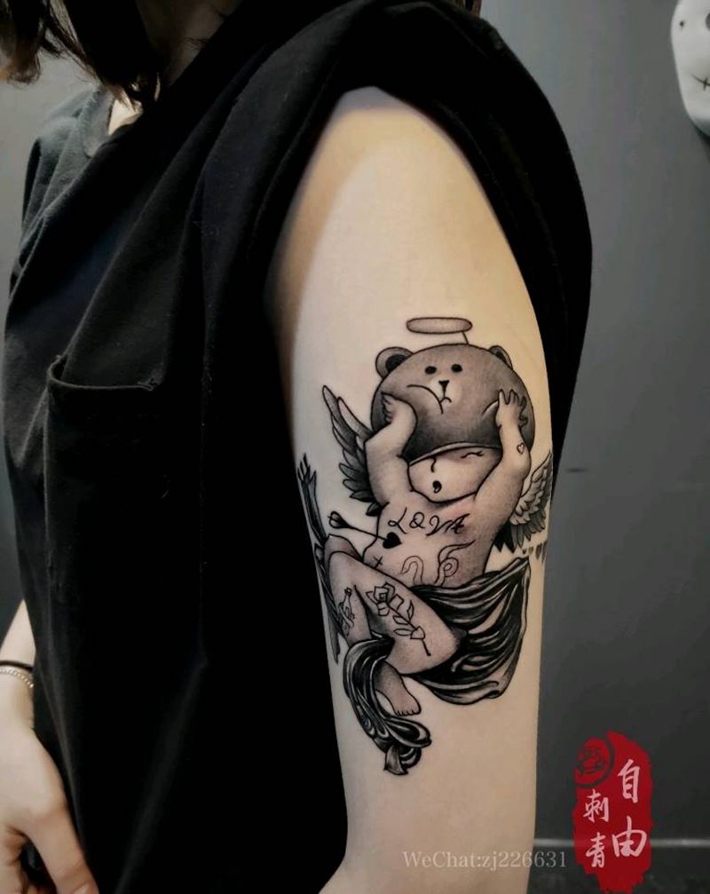 天使纹身图片_欧美写实点刺天使熊纹身图案