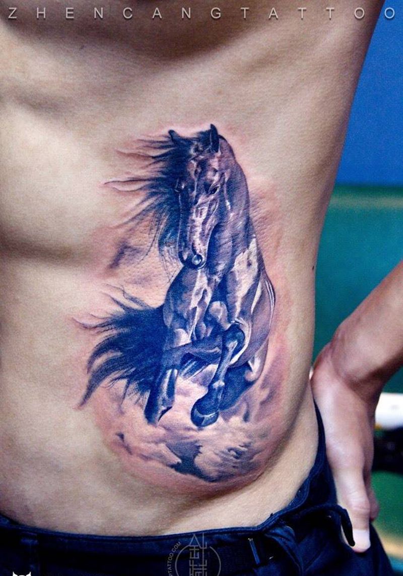 马 | 针藏创始人 ·邵钢· 出品纹身图片_成品腹部写实动物针藏刺青邵钢纹身图案
