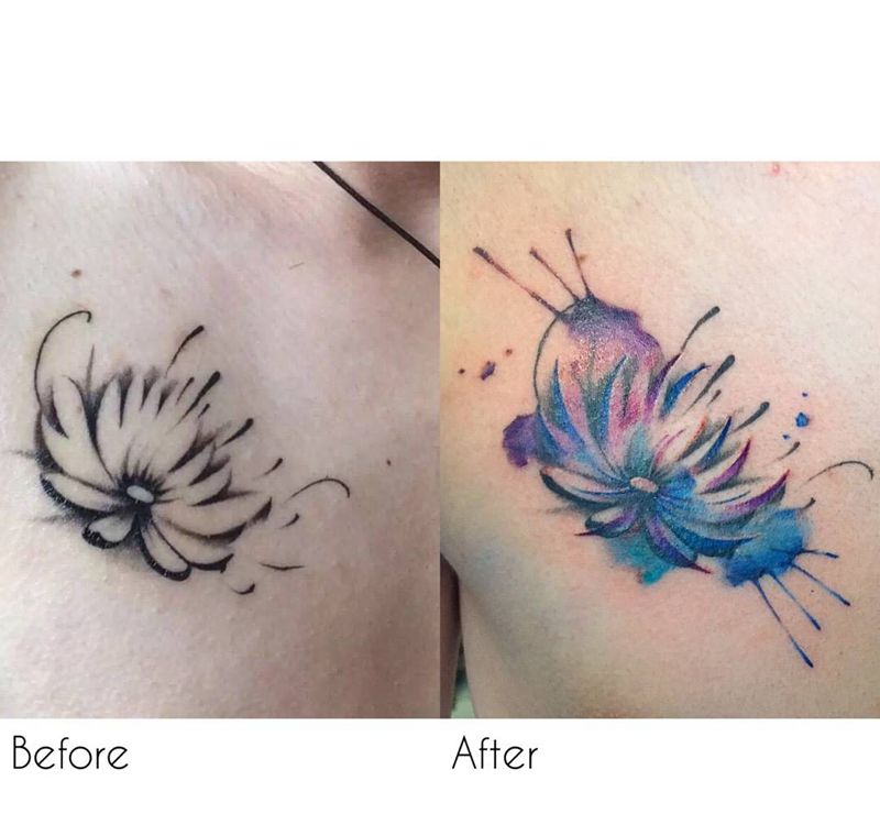 水彩改图纹身图片_成品胸部清新植物水彩纹身图案