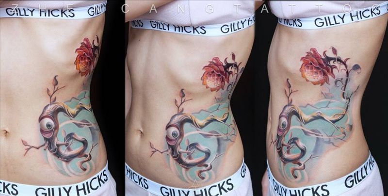 光明之花 | 针藏刺青 ·邵钢· 作品纹身图片_成品腹部腰部清新原创邵钢针藏刺青纹身图案