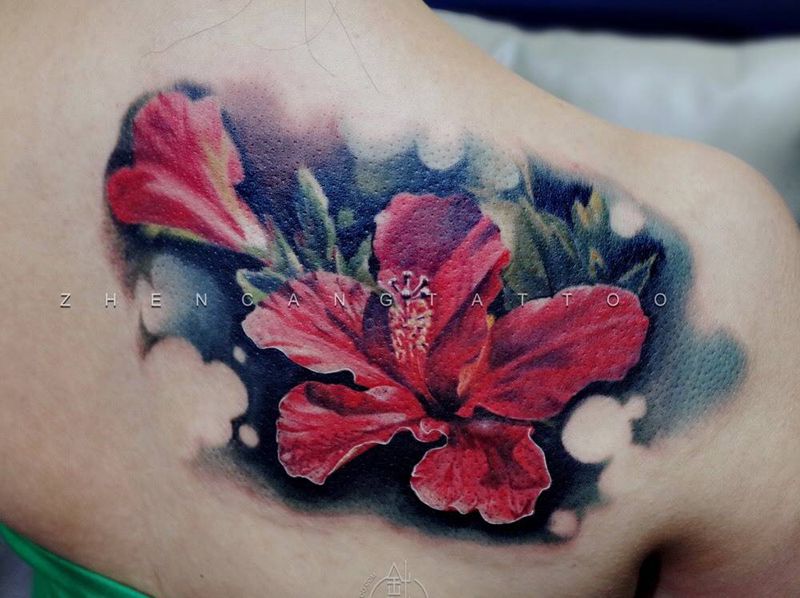 针藏刺青邵钢纹身作品纹身图片_成品背部清新写实植物针藏刺青邵钢纹身图案