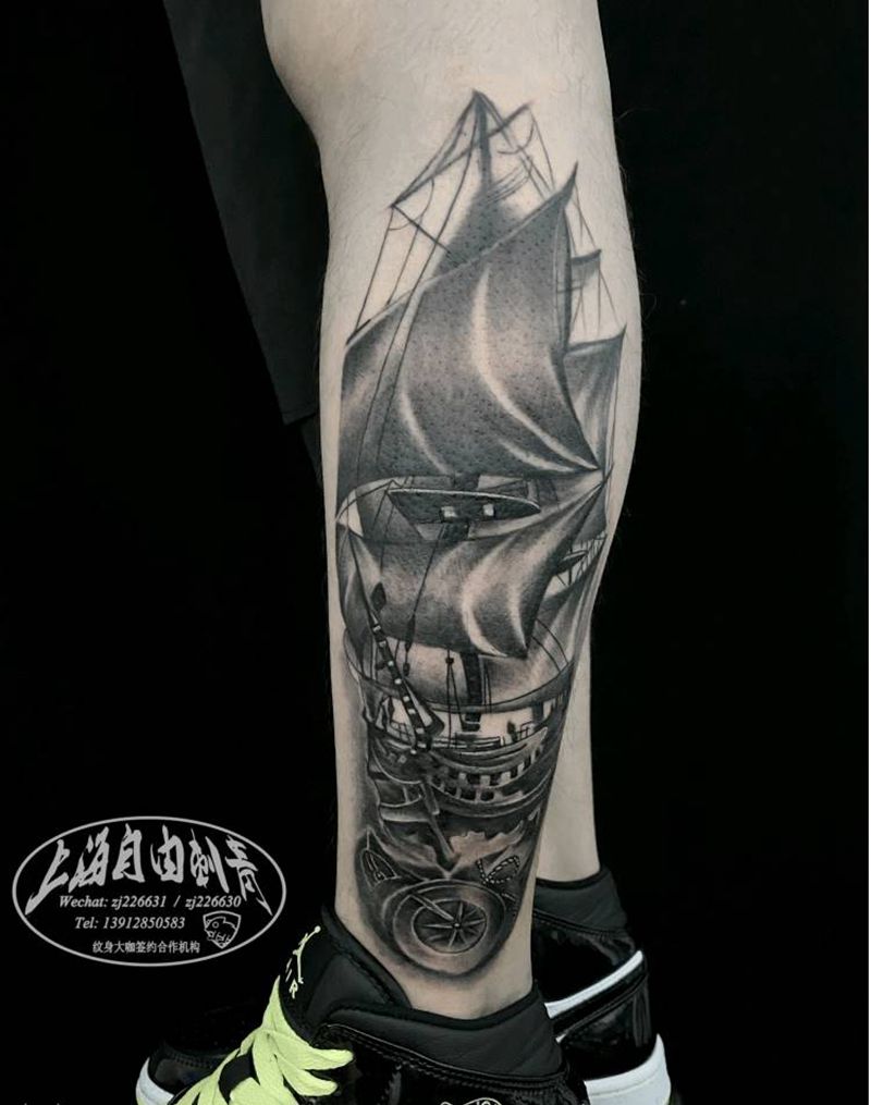 ⛵️纹身图片_腿部欧美写实帆船⛵️纹身图案