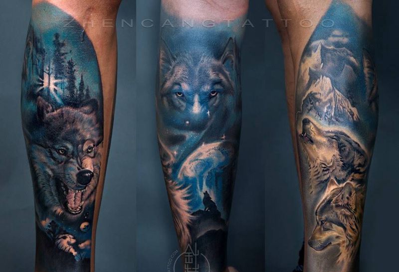 彩色写实狼包小腿纹身图片_成品腿部欧美动物邵钢针藏刺青狼纹身图案