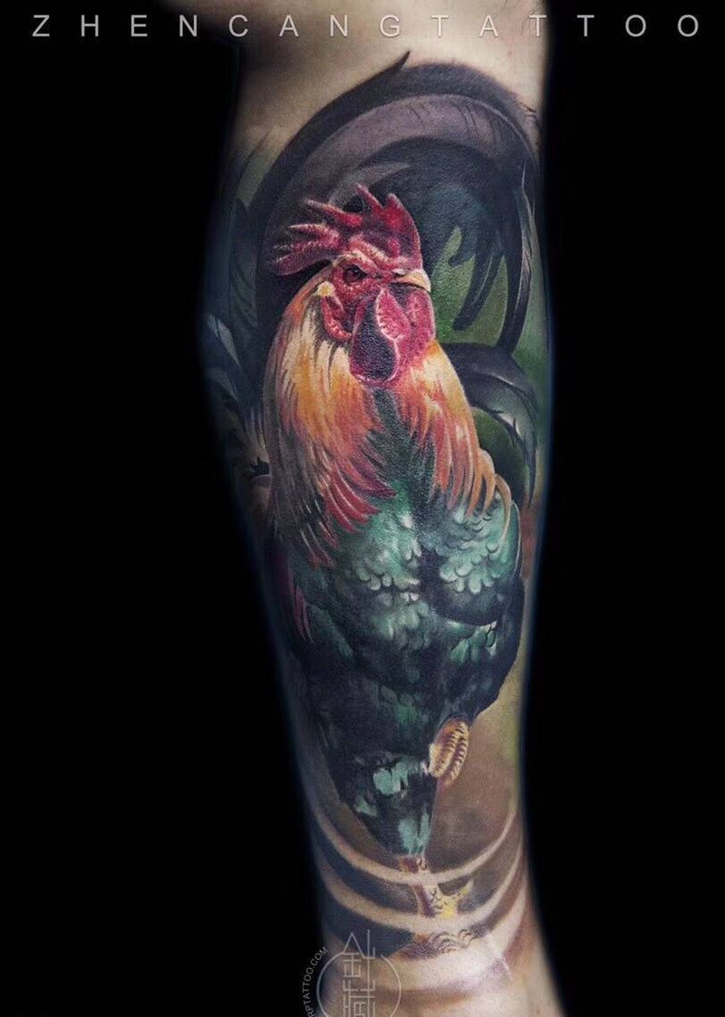 飞来峰上千寻塔 闻道鸡鸣见日升  针藏刺青 ·邵钢· 作品纹身图片_成品腿部写实清新动物针藏刺青邵钢纹身图案